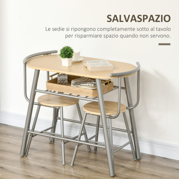 Set da Pranzo Salvaspazio da 3 Pezzi con Tavolo da Pranzo Ovale con Ripiano e 2 Sedie in MDF e Acciaio