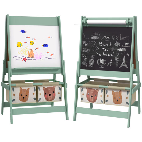 Lavagna per Bambini con Cavalletto 3 in 1 e 2 Contenitori, Età 3-8 anni, 54x46.5x93cm, Verde