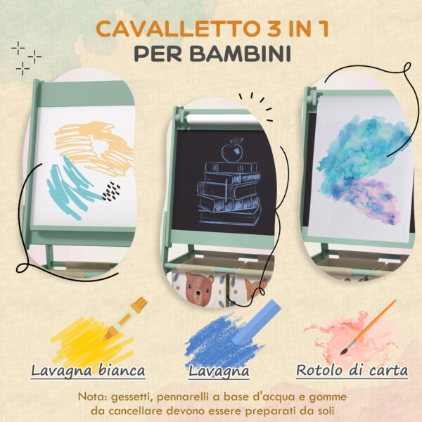 Lavagna per Bambini con Cavalletto 3 in 1 e 2 Contenitori, Età 3-8 anni, 54x46.5x93cm, Verde