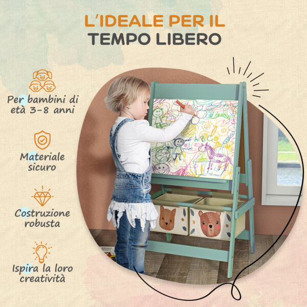 Lavagna per Bambini con Cavalletto 3 in 1 e 2 Contenitori, Età 3-8 anni, 54x46.5x93cm, Verde