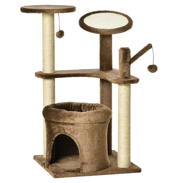 Albero Tiragraffi per Gatti con Pali in Corda Sisal, Casetta e Cuscino, Rivestimento in Peluche, Altezza 87cm - Caffè