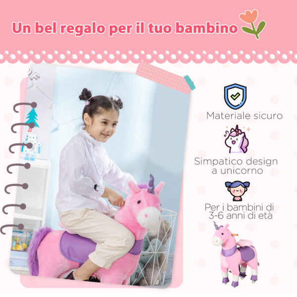 Cavallo a Dondolo con Ruote a Forma di Unicorno per Bambini da 3-6 Anni, 70x32x87cm, Rosa