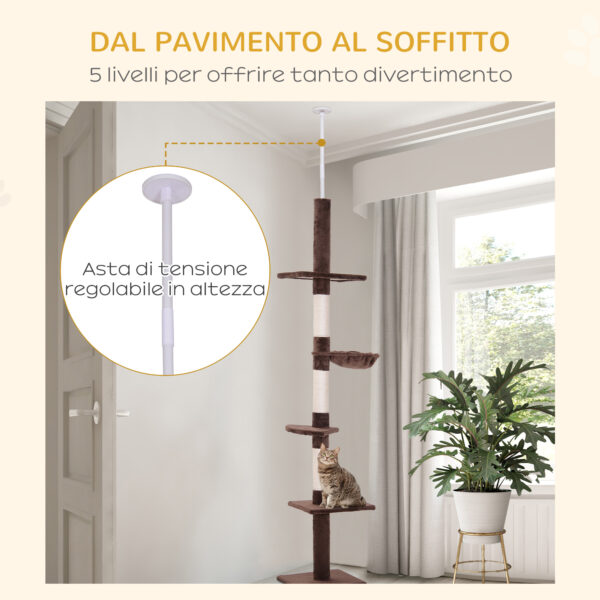 Albero Tiragraffi Multilivello a Soffitto con Amaca e Altezza Regolabile, 40x34x230-260cm, Marrone