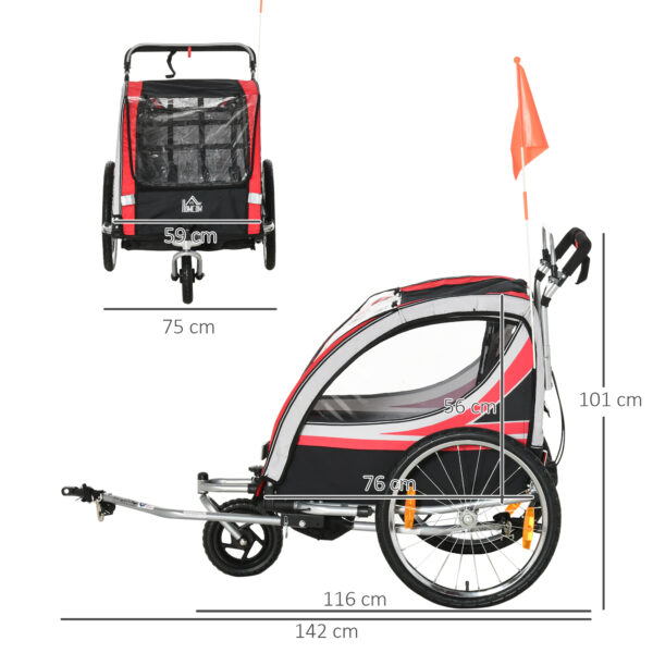 Rimorchio Bici e Passeggino per Bambini, Design 2 in 1 con Freno, Cintura e Tasche, 116-142x75x101cm