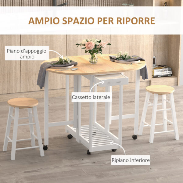 Set 3 Pezzi Tavolo Pieghevole da Cucina e 2 Sgabelli Salvaspazio - Bianco e Legno