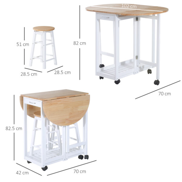 Set 3 Pezzi Tavolo Pieghevole da Cucina e 2 Sgabelli Salvaspazio - Bianco e Legno