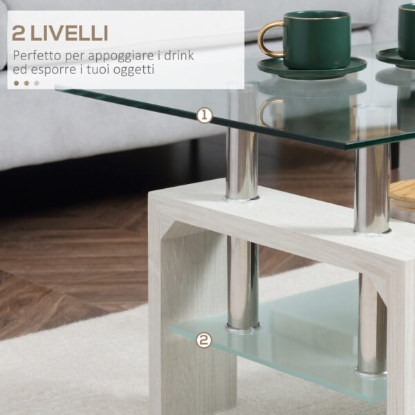 Tavolino da Caffè Moderno a 2 Livelli in Vetro e Legno, 90x50x42cm, Bianco