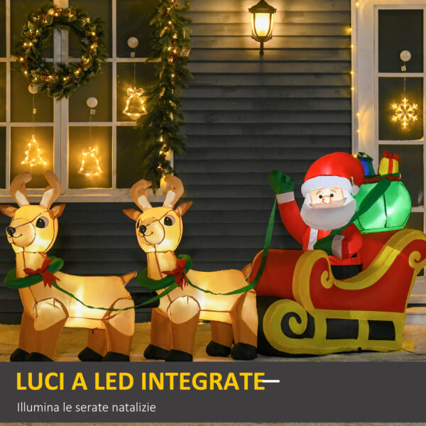 Babbo Natale Gonfiabile con Slitta e 2 Renne, Addobbi di Natale in Tessuto Poliestere Impermeabile con Luci a LED 240x57x112cm