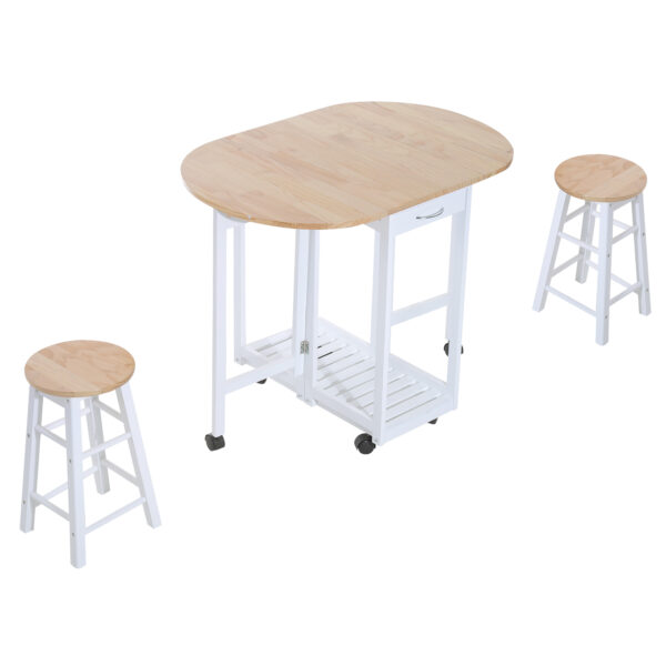 Set 3 Pezzi Tavolo Pieghevole da Cucina e 2 Sgabelli Salvaspazio - Bianco e Legno