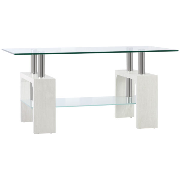 Tavolino da Caffè Moderno a 2 Livelli in Vetro e Legno, 90x50x42cm, Bianco