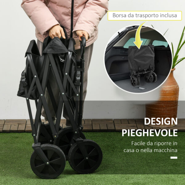 Carrello da Giardino 110L con Maniglia Telescopica e Tettuccio in Acciaio e Tessuto Oxford, Nero