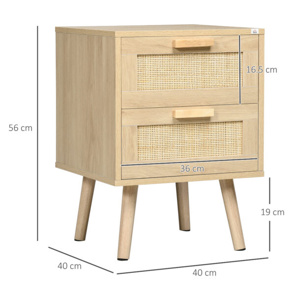 Comodino per Camera da Letto con 2 Cassetti in Stile Boho, 40x40x56cm, Colore Legno Naturale