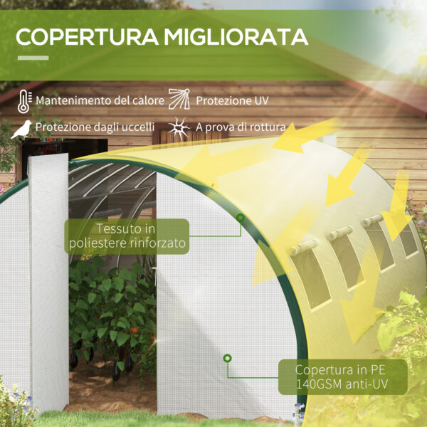 Serra a Tunnel 6x3 m con 2 Ingressi e 8 Finestre, in PE, Poliestere e Acciaio Zincato, Bianco e Verde