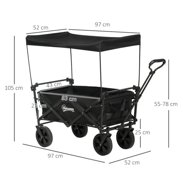 Carrello da Giardino 110L con Maniglia Telescopica e Tettuccio in Acciaio e Tessuto Oxford, Nero