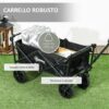 Carrello da Giardino 110L con Maniglia Telescopica e Tettuccio in Acciaio e Tessuto Oxford, Nero