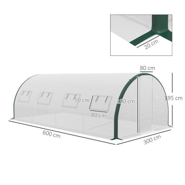 Serra a Tunnel 6x3 m con 2 Ingressi e 8 Finestre, in PE, Poliestere e Acciaio Zincato, Bianco e Verde