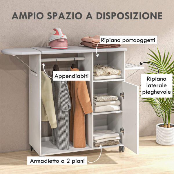 Mobile Asse da Stiro con Piano d'Appoggio, 3 Ripiani a Cubo e Guida, 107x42.5x99cm, Bianco