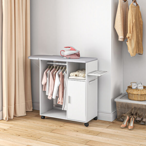 Mobile Asse da Stiro con Piano d'Appoggio, 3 Ripiani a Cubo e Guida, 107x42.5x99cm, Bianco