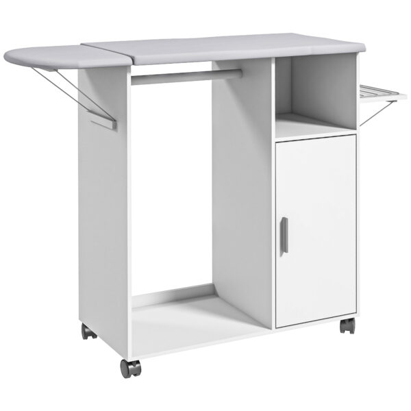 Mobile Asse da Stiro con Piano d'Appoggio, 3 Ripiani a Cubo e Guida, 107x42.5x99cm, Bianco