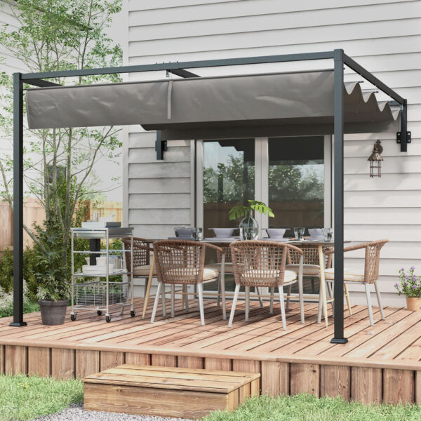 Pergola Gazebo 3x4 m con Tettuccio Retrattile e Fori di Drenaggio, in Acciaio e Poliestere, Grigio