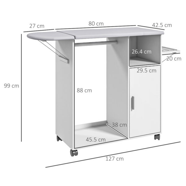 Mobile Asse da Stiro con Piano d'Appoggio, 3 Ripiani a Cubo e Guida, 107x42.5x99cm, Bianco