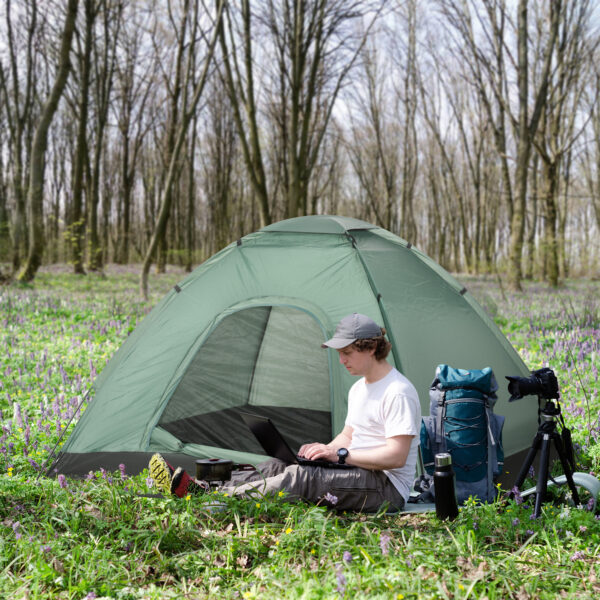 Tenda da Campeggio 2 Posti con Porta a Cerniera, Zanzariera e Sacca di Trasporto, 206x185x120cm, Verde