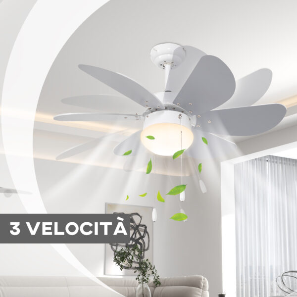 Ventilatore a Soffitto con Luce LED e Interruttore a Catena, in MDF e Acrilico, Ø76x41.5 cm, Grigio e Bianco