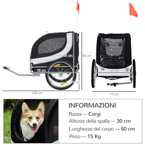 Rimorchio per Animali Domestici Pieghevole da Bicicletta, bianco e nero, 130x90x110cm