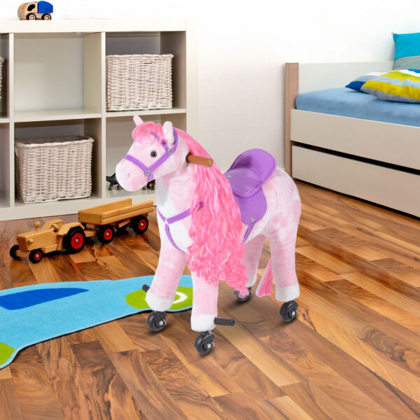 Cavallo a Dondolo per Bambini 3+ Anni con 4 Rotelle, Suoni Realistici e Poggiapiedi, 65x28x75 cm, Rosa