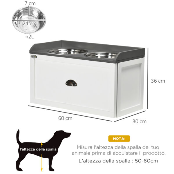 Ciotole per Cani Rialzate in Acciaio Inox e Legno con Cassetto, 60x30x36cm, Bianco e Grigio