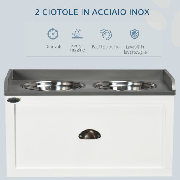 Ciotole per Cani Rialzate in Acciaio Inox e Legno con Cassetto, 60x30x36cm, Bianco e Grigio