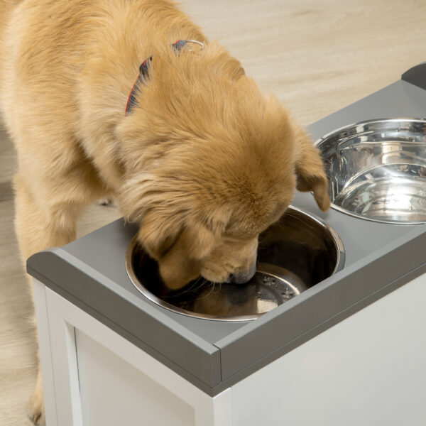 Ciotole per Cani Rialzate in Acciaio Inox e Legno con Cassetto, 60x30x36cm, Bianco e Grigio