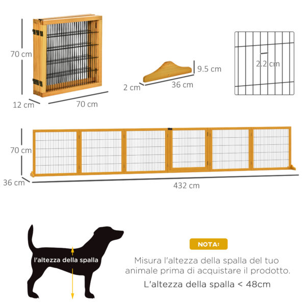 Cancelletto per Cani di Piccola/Media Taglia in Legno e Acciaio con 6 Pannelli Pieghevoli, 432x36x70cm