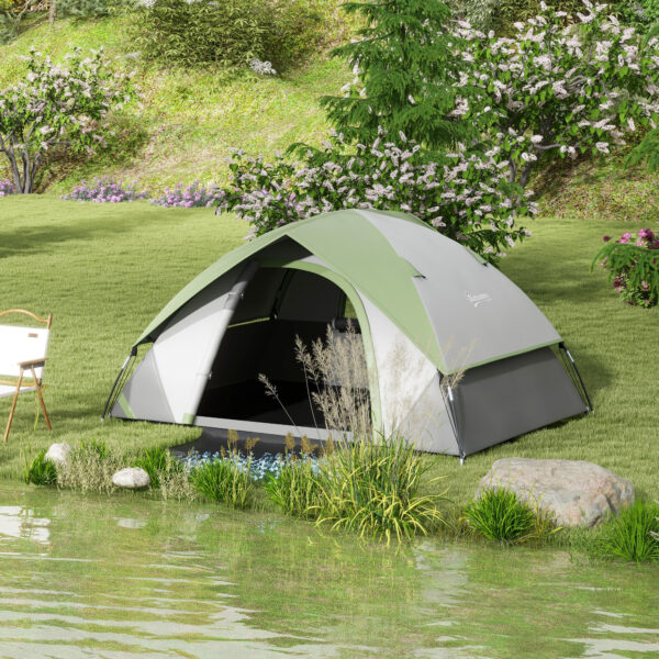 Tenda da Campeggio 2 Posti con Finestra a Rete, in Poliestere, Fibra di Vetro e PE, 210x150x110 cm, Grigio e Verde