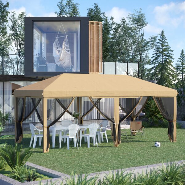 Gazebo da Giardino 6x3m Pieghevole con Zanzariera, Altezza Regolabile e Borsa di Trasporto, Beige