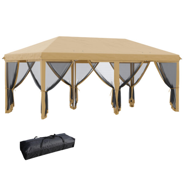 Gazebo da Giardino 6x3m Pieghevole con Zanzariera, Altezza Regolabile e Borsa di Trasporto, Beige