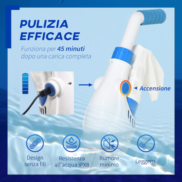 Pulitore Aspiratore per Piscine a Batteria con Palo Telescopico, Spazzole e Filtro, Bianco e Blu