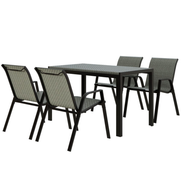 Set da Giardino in Rattan PE con Tavolo da Pranzo e 4 Sedie Impilabili, Grigio