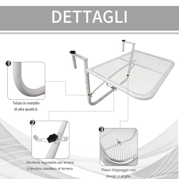 Tavolo da Ringhiera Altezza Regolabile 3 Livelli in Metallo, 60x56.5x45cm Bianco