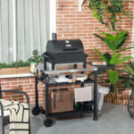 Carrello Barbecue con Tavolino Pieghevole in Acciaio Inox, 2 Ruote e Accessori, 125x65x84 cm, Nero