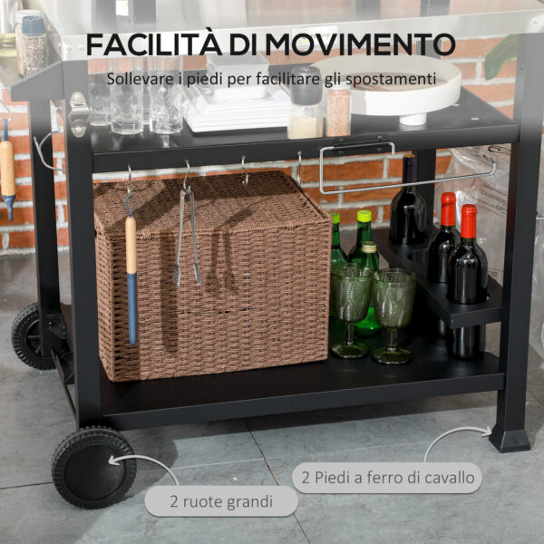 Carrello Barbecue con Tavolino Pieghevole in Acciaio Inox, 2 Ruote e Accessori, 125x65x84 cm, Nero