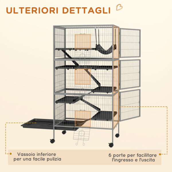 Gabbia per Conigli con 4 Ingressi a Livelli Multipli con Amaca, in Acciaio e PP, 80x52x159 cm