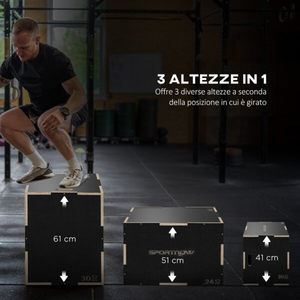 Box Jump Pliometrico a 3 Altezze in Legno Antiscivolo, 61-51-41cm, Nero