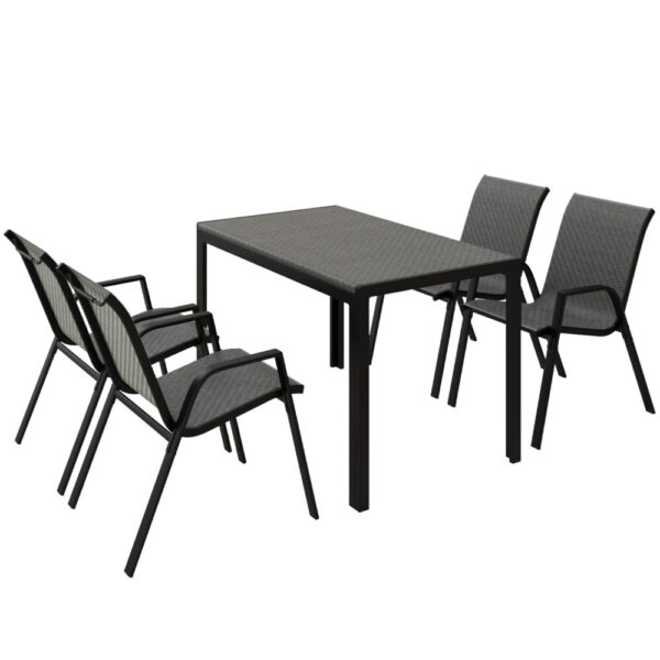 Set da Giardino in Rattan PE con Tavolo da Pranzo e 4 Sedie Impilabili, Grigio