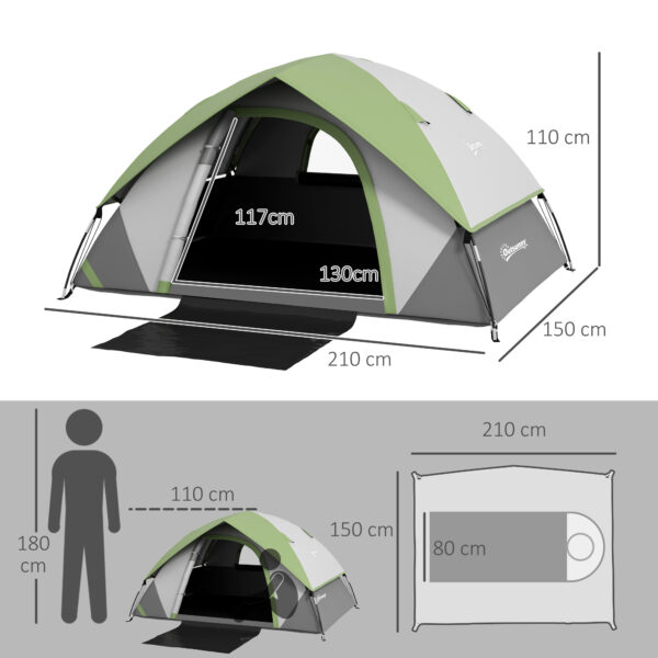 Tenda da Campeggio 2 Posti con Finestra a Rete, in Poliestere, Fibra di Vetro e PE, 210x150x110 cm, Grigio e Verde